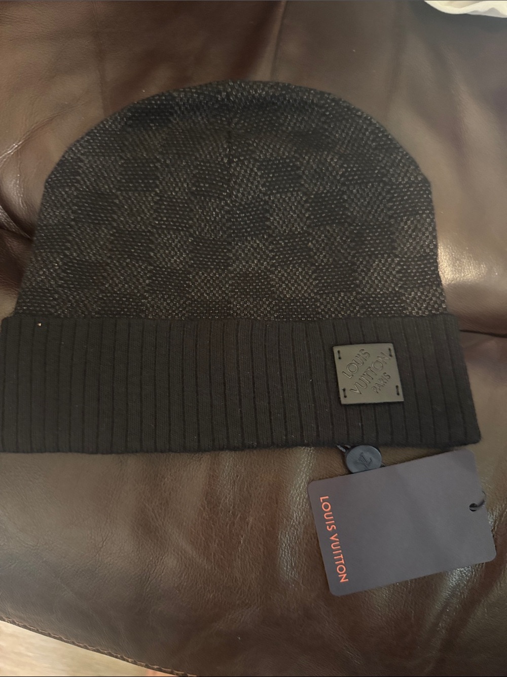 Louis Vuitton Men's Black Ribbed Cuff Beanie with Logo Patch